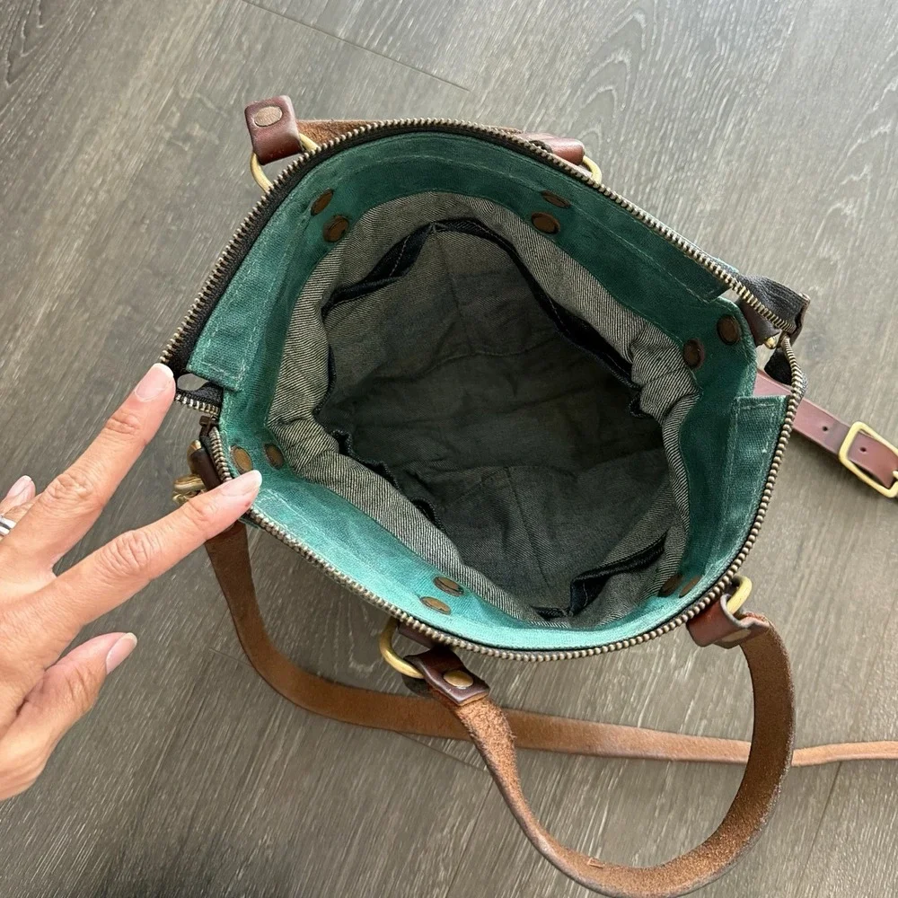 NORTH END Bag Co Teal Leona Canvas Brown Leather Large Crossbody Shoulder Boho